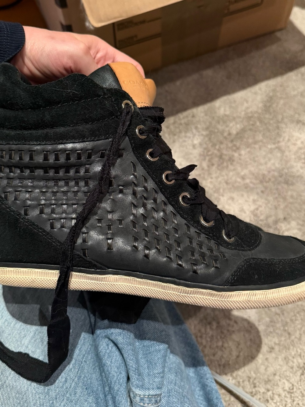 Coach Black and Tan High-Top Woven Leather Sneaker